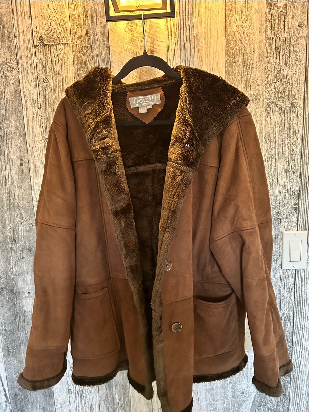 Men's Brown Shearling-Lined Hooded Peacoat